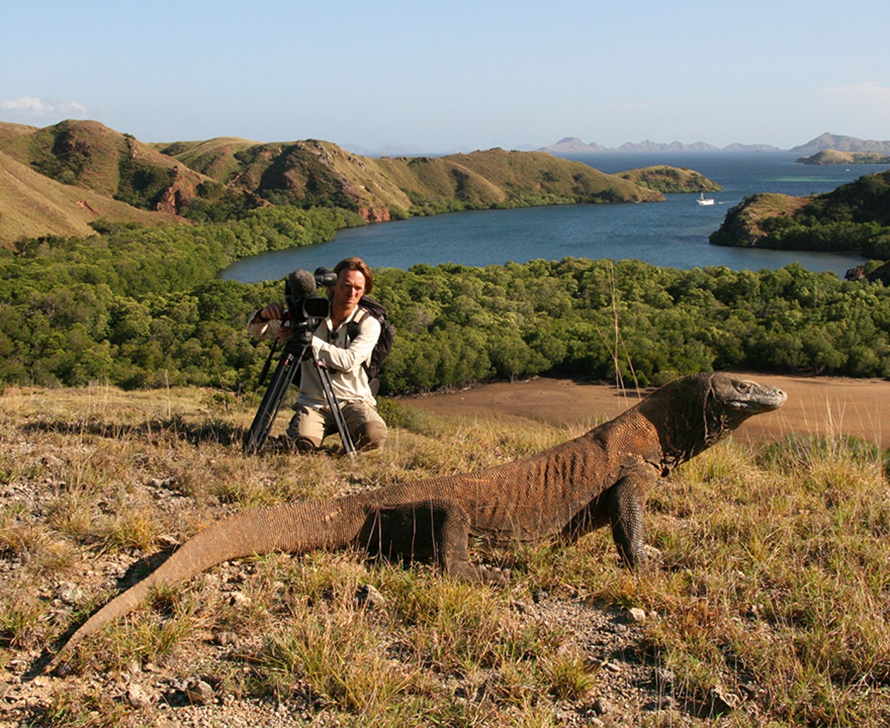 TIERWELT LIVE-Thema „Kiehlings Welt“ - Vorschaubild: Andreas Kiehling mit Kamera, nur wenige Meter von einen Komodowaran entfernt